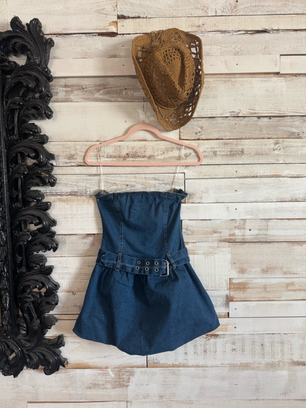 Denim Strapless Mini Dress with Belt - Blue